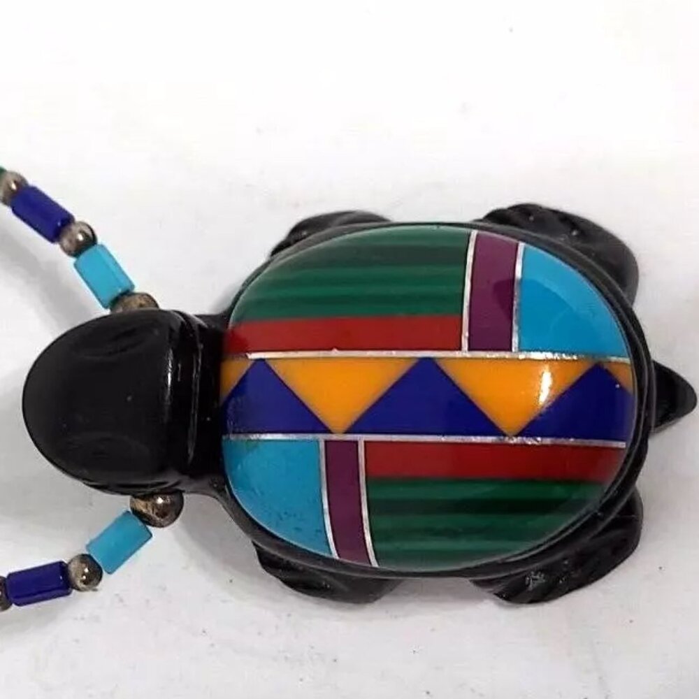 Southwest Turtle Bead Necklace Sterling Multi Stone Inlay Turquoise Onyx